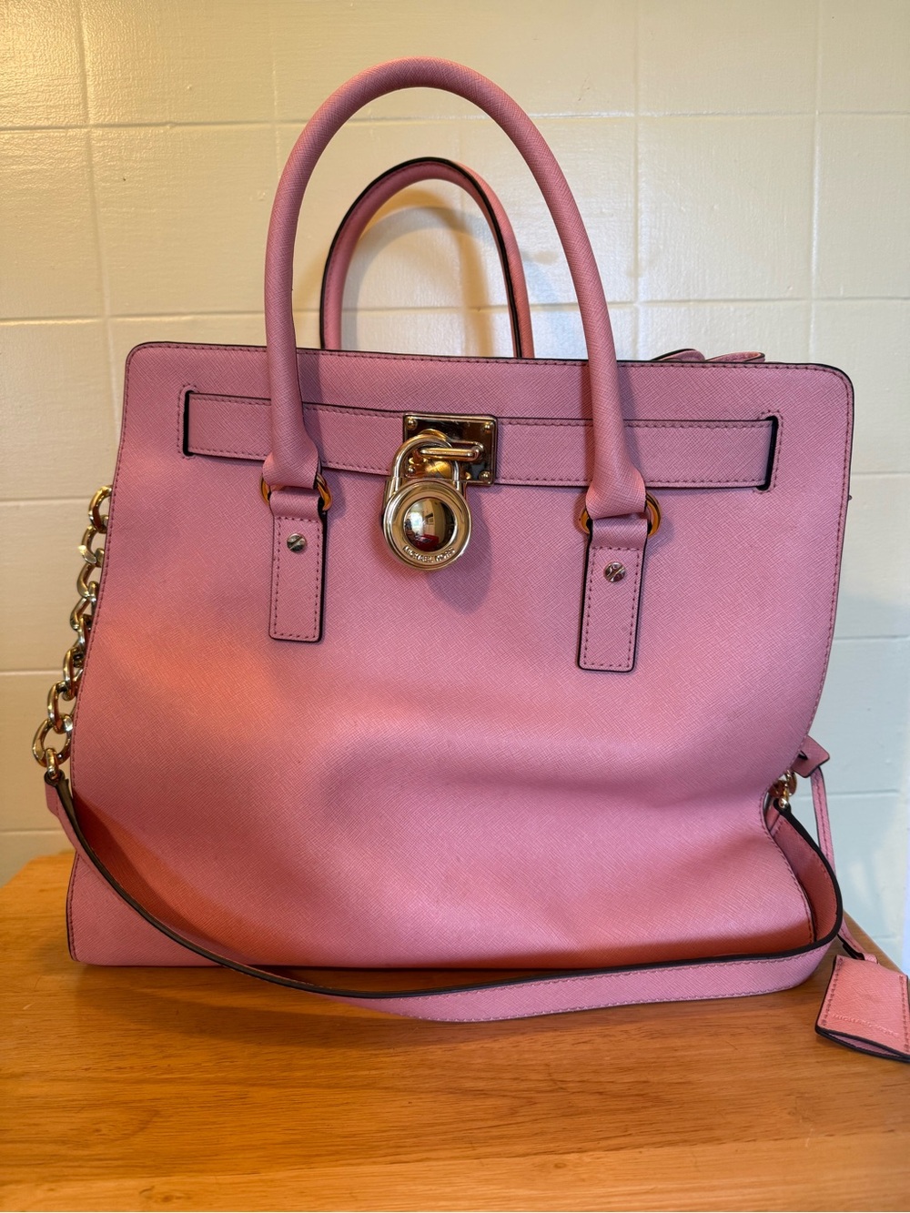 Michael Kors Pink Saffiano Satchel with Gold Hardware